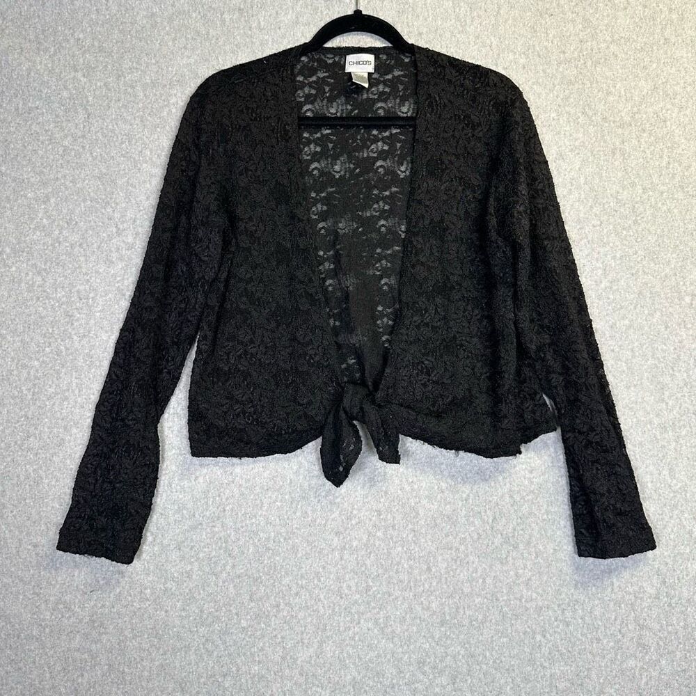 Chicos Women Size 1 US Small Tie Front Lace Top Blouse Black Long Sleeve Stretch